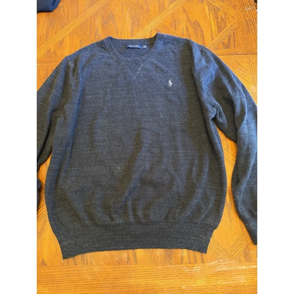 POLO RALPH LAUREN Sweater Mens Large Gray/Black Heather Crew Neck 100% Cotton